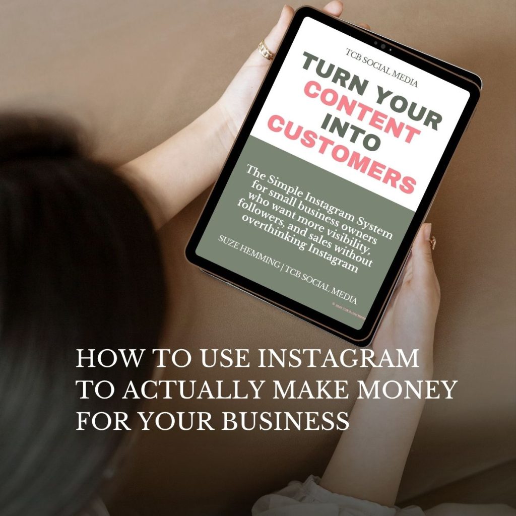 woman holding an ipad on the screen is a guide called turn your content into customers by tcb social media