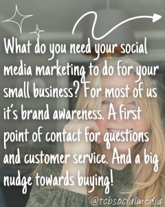 A picture of a woman with the words: What do you need your social media marketing to do for your small business? For most of us it’s brand awareness. A first point of contact for questions and customer service. And a big nudge towards buying!