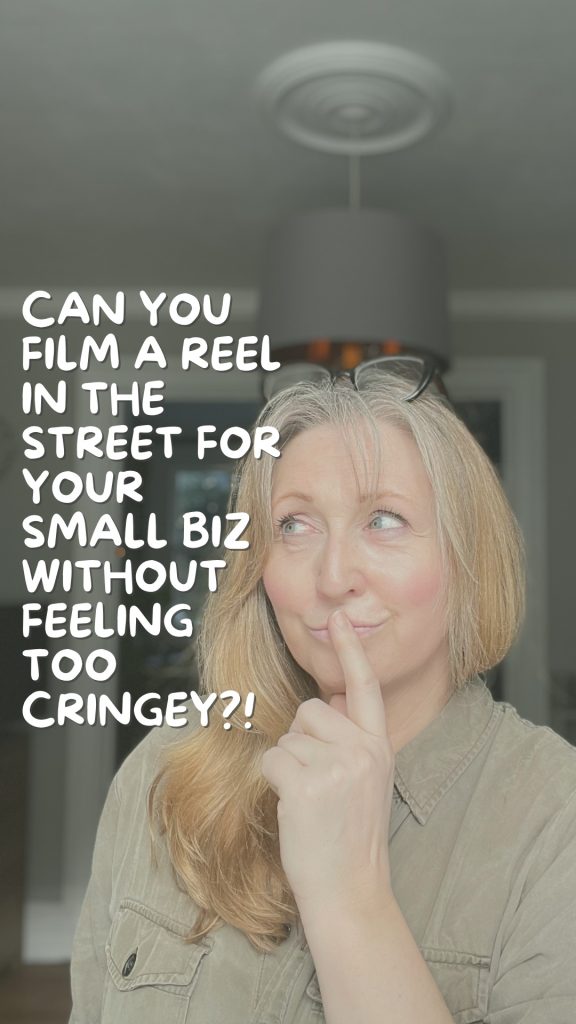 Picture of TCB Social Media Instagram Cosch, looking curious. The caption reads: can you film a reel in the street for your small business without feeling cringey?