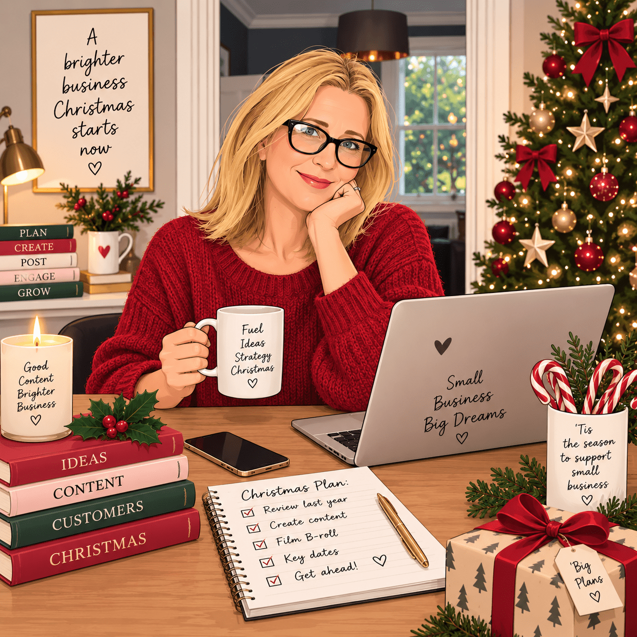 A cartoon image of a women wearing a red jumper and glasses sitting at a desk. It's christmas time and she is working on creating Christmas content for her social media account.